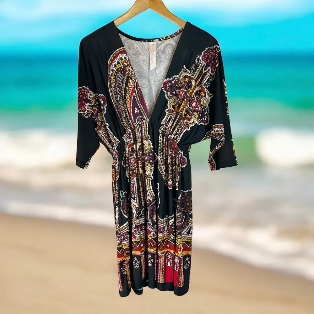 Cristina Love V-Neck Kimono-Sleeve Kaftan Tunic-Style Dress Black Multi L Boho - Picture 1 of 10